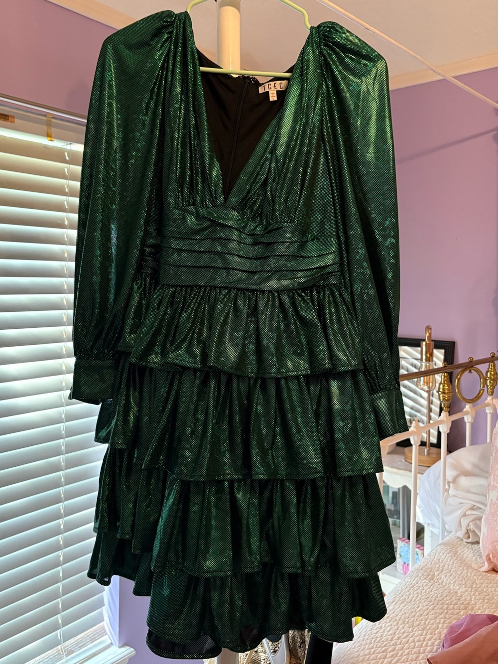 Women's Emerald Green Long-Sleeve Tiered Ruffle Dress